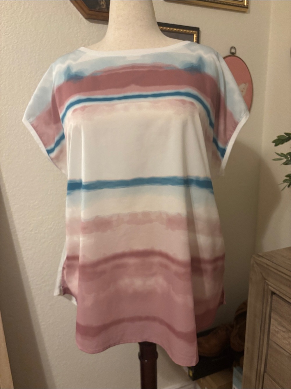 Lane Bryant Mixed Media Women’s Top in Dusty Rose & Blue Stripes